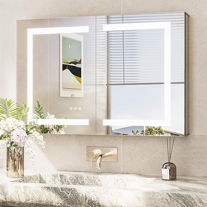 TokeShimi 36x24 Lighted Medicine Cabinet Mirror with Outlet, 3 Colors Dimmable Bathroom Mirror Medicine Cabinet Surface or Recessed Mount, Anti-Fog Mirror with Storage for Vanity and Modern Decor