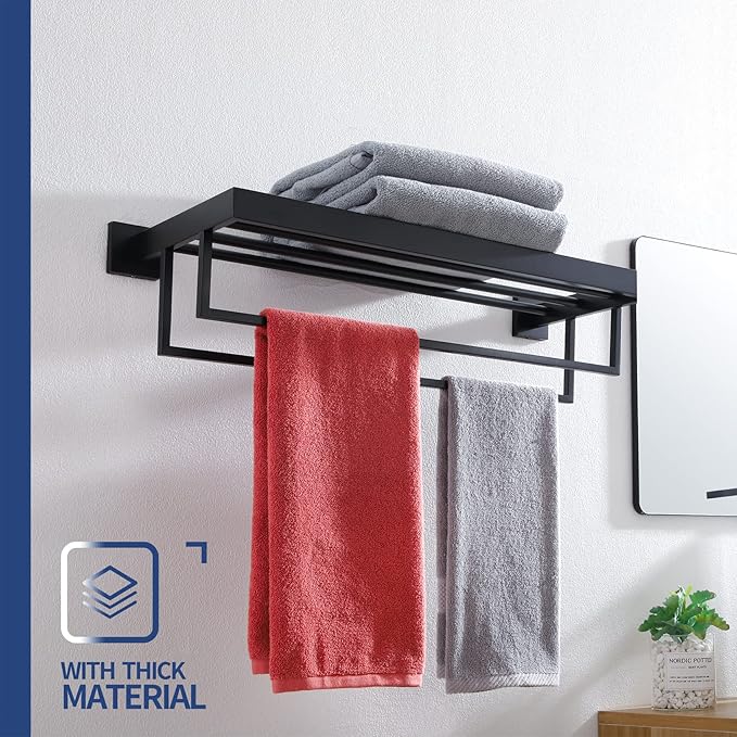 KOKOSIRI Matte Black Towel Rack 24'' Bathroom Towel Shelf with Double Towel Bars SUS304 Stainless Steel Wall Mounted, B6003BK