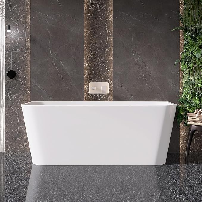59" Acrylic Back-to-Wall Bathtub,Freestanding Bathtubs, Stand Alone Tub, Soaking Tubs for Bathroom, Integrated Overflow and Drain, cUPC Certified, Gloss White