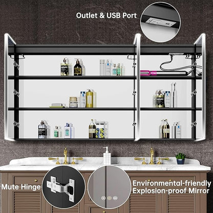 LED Medicine Cabinet Mirror, 60”W x 36”H Bathroom Medicine Cabinets with Defogger, Dimmer, Outlets & USB, Wall Mounted