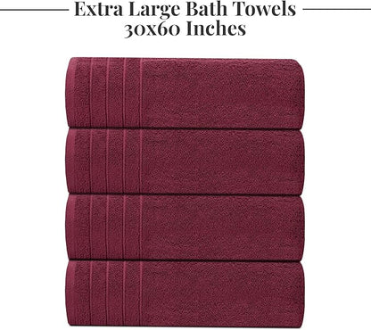 Tens Towels Pack of 4 Extra Large Bath Towels 30 x 60 Inches, 100% Cotton, Larger & Lighter Weight, Quicker to Dry, Super Soft and Absorbent, Perfect for Bathroom, Burgundy