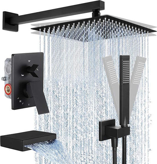 KES Black Shower Faucet Set Complete, 12 Inch Rainfall Shower Head with Handheld Spray, Waterfall Tub Spout Bathtub Faucet, Shower System, Regaderas Modernas Para Ducha, XB6305F18S12-BK