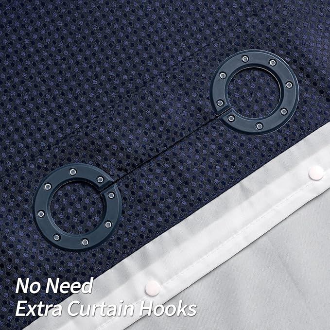 MitoVilla No Hooks Needed Extra Long Shower Curtain Liner Set, Navy Blue 86 inch XL Waffle Fabric Shower Curtains Set with Snap-in Liner for Luxury Hotel Grade & Spa-Like Bathroom Decor