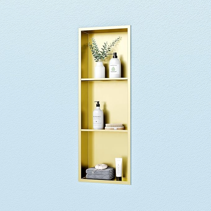 Neodrain Stainless Steel Shower Niche, NO Tile Needed Recessed Shelf for Bathroom Storage, 3-Tier Recessed Built-in Wall Niche（12X36Inch，Gold）