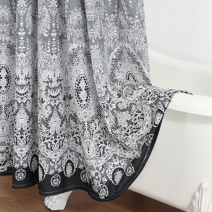 Extra Long Shower Curtain - Chantilly Lace Design, Heavyweight Polyester, Black to White Ombre, 72" W x 84" H