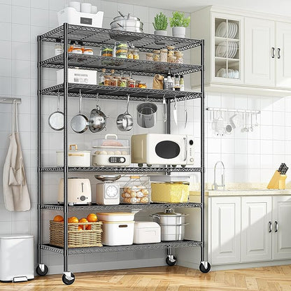 82" H X45 W X18 D Wire Shelving Unit, 6 Tier Adjustable Storage Shelves with Wheels 1200LBS Metal Shelving for Restaurant Garage Pantry Kitchen Closet Commercial,Black