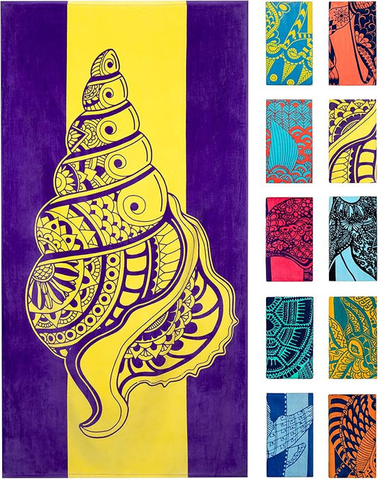 Nova Blue Seashell Beach Towel (34 X 63) – Purple & Yellow Travel Beach Towel Made from 100% Cotton – Unique Adult Beach Towels with Tropical Design - Compact BeachTowel