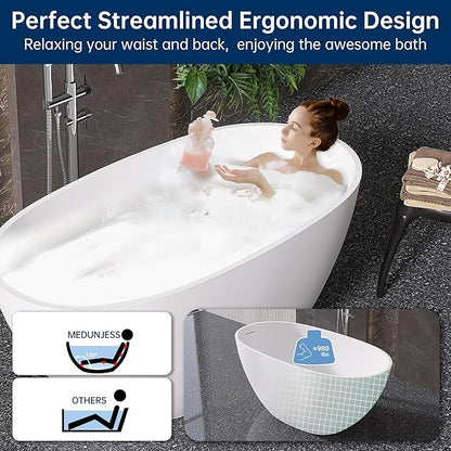 51" Stone Resin Freestanding Bathtub, Modern Oval Solid Surface Soaking Tub, Solid Surface Stand Alone Bathtub with Drain & Integrated Slotted Overflow Matte White AM303-1300
