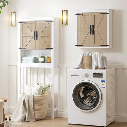 Spirich Over The Toilet Storage Cabinet, Farmhouse Over Toilet Bathroom Organizer with Wood Grain Barn Doors and Adjustable Shelves