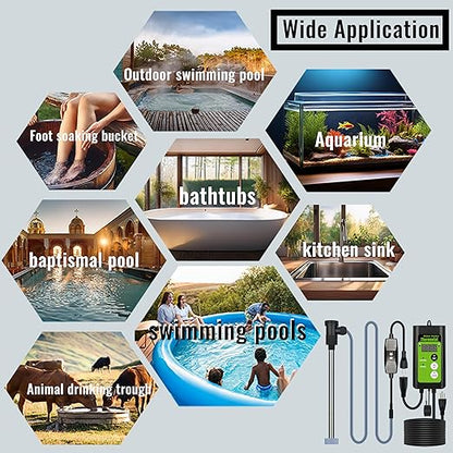 1300W Titanium Fully Submersible, Portable Pool & Hot Tub Electric immersion Water Heater with GFCI & Temp Control for Bathtubs, baptism pool, spa tub, above ground pool & inflatable pool
