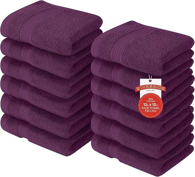 RIVERSIDE 12 Pack Premium 100% Cotton Face Washcloths, 600 GSM, 12 x 12 Inches, Soft, Absorbent Towels for Body & Shower, Bathroom Wash Clothes, Durable Face Towels Set for Spa, Gym, Purple Passion