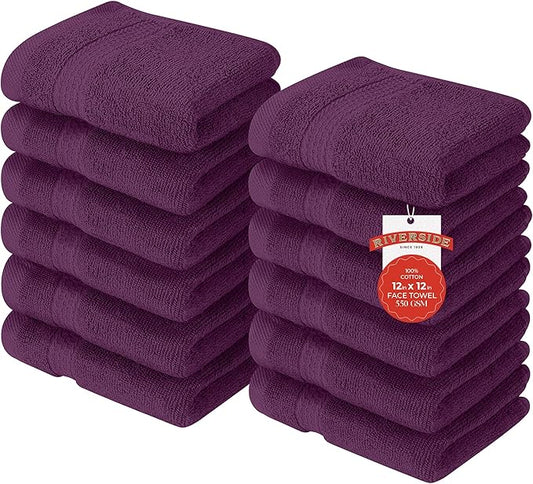 RIVERSIDE 12 Pack Premium 100% Cotton Face Washcloths, 600 GSM, 12 x 12 Inches, Soft, Absorbent Towels for Body & Shower, Bathroom Wash Clothes, Durable Face Towels Set for Spa, Gym, Purple Passion