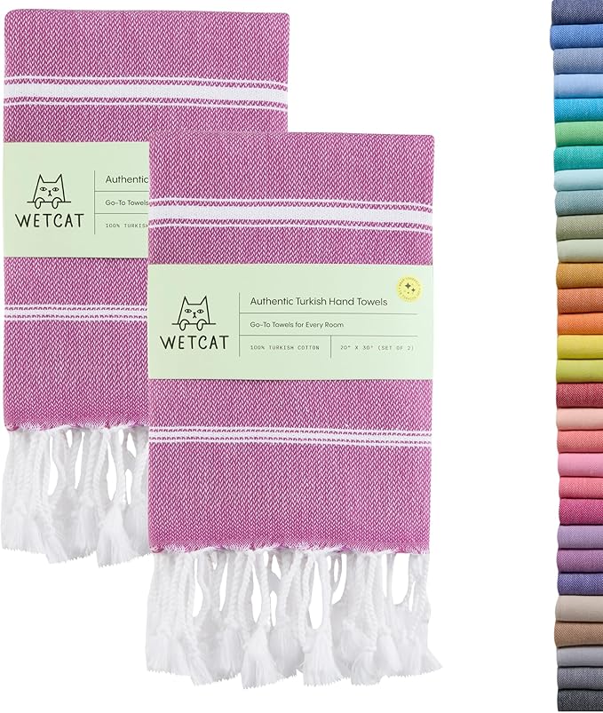 WETCAT Turkish Hand Towels with Hanging Loop, Set of 2 (20" x 30") 100% Turkish Cotton, Pre-Washed, Quick Drying, for Kitchen or Bathroom - Purple