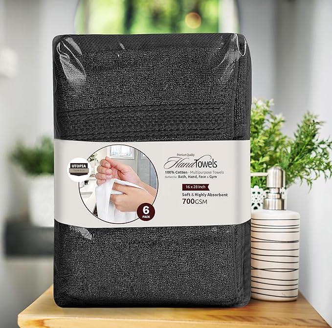Utopia Towels 6 Pack Premium Hand Towels Set, 16 by 28 inches, 100% Ring Spun Cotton, Ultra Soft and Highly Absorbent 600GSM Towels for Bathroom, Gym, Shower, Hotel, and Spa, Black