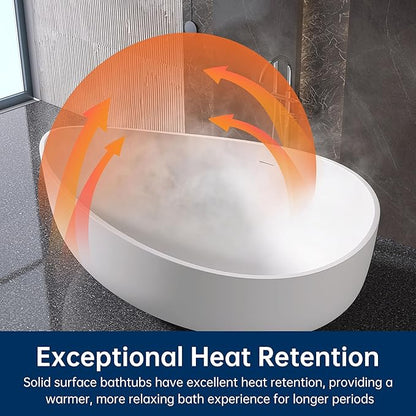 Stone Resin Freestanding Bathtub 71", Elegant Oval Shape Soaking Tub, Solid Surface Stand Alone Bathtub with Drain & Integrated Slotted Overflow Matte White AMMG015-1800