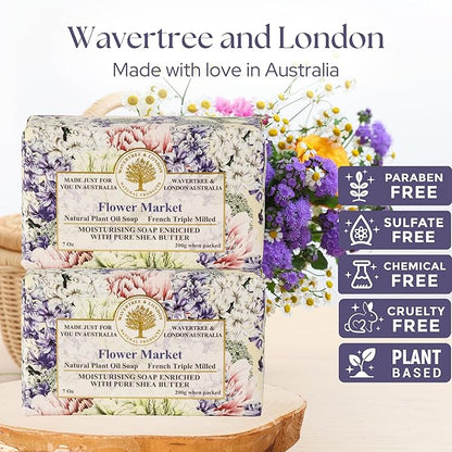 Wavertree & London Flower Market Scented Natural Soap (2 Bars), 7oz Moisturizing French Triple Milled Soap Bars enriched with shea butter - Pure Plant Based Bath & Body Bars for All Skin Types