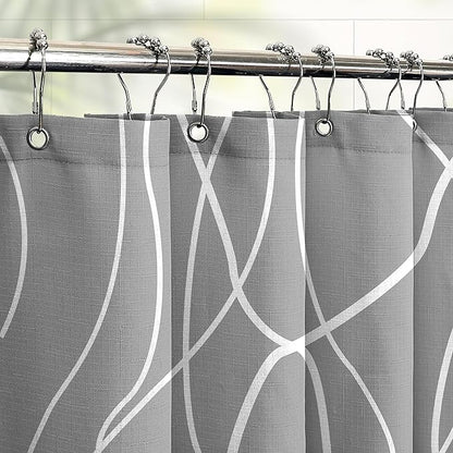 Tititex Morden 140gms Faux Linen Fabric Bath Shower Curtain Set Textured Fabric with Gray White Curve Pattern 72x72 Inch Water Resistant Bathroom Curtains, Weighted Hem & Hooks for Home/Hotel