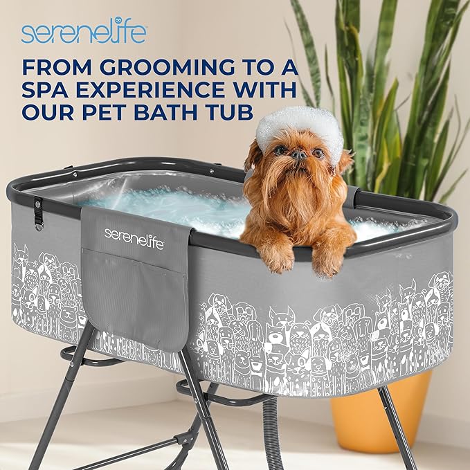 SereneLife Portable Dog Bath Tub with Drain, Foldable Indoor Outdoor Dog Tubs for Bathing and Grooming with Pockets & Leash Restraint, Collapsible Design, Supports Pets Up to 130 lbs