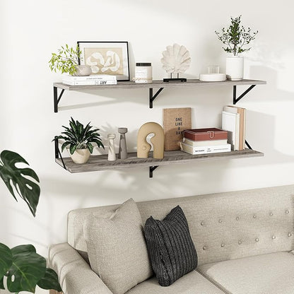 Dreamland Floating Shelves for Wall, 12 Inch Deep Floating Shelves Set of 2, 48W x 12D Large Wall Shelf with Sturdy Metal Brackets for Living Room, Bathroom, Bedroom and Kitchen, Grey