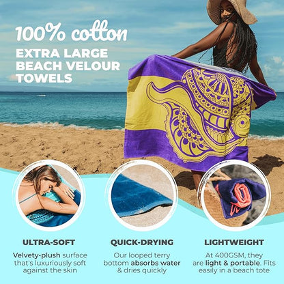 Nova Blue Seashell Beach Towel (34 X 63) – Purple & Yellow Travel Beach Towel Made from 100% Cotton – Unique Adult Beach Towels with Tropical Design - Compact BeachTowel