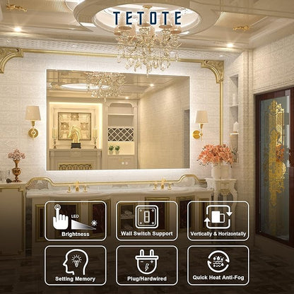 TETOTE 60 x 40 LED Backlit Bathroom Mirror with Light,3 Color White/Warm/Natural,Anti-Fog Lighted Mirror,Dimmable,Vanity Mirror,Wall Mounted