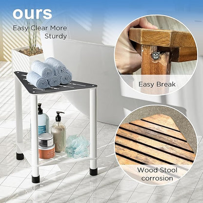 Stainless Steel Shower Stool for Inside Shower, 15.4'' H Shower Foot Rest, Corner Shower Stool with Storage Shelf, Shower Step for Shaving Legs, Bathroom Corner Shower Bench, White