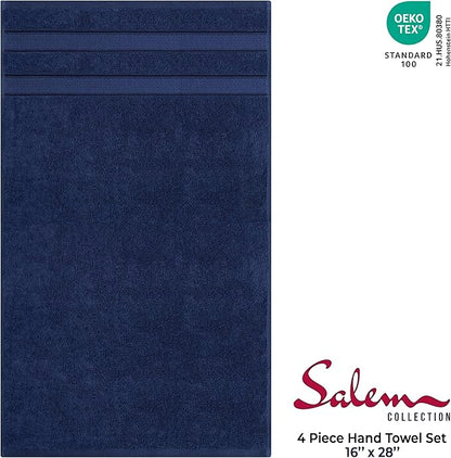 American Soft Linen Salem 100% Cotton Turkish 4 Piece Hand Towels for Bathroom, 600 GSM Soft Absorbent Quickdry Hand Face Towel Set, Navy Blue