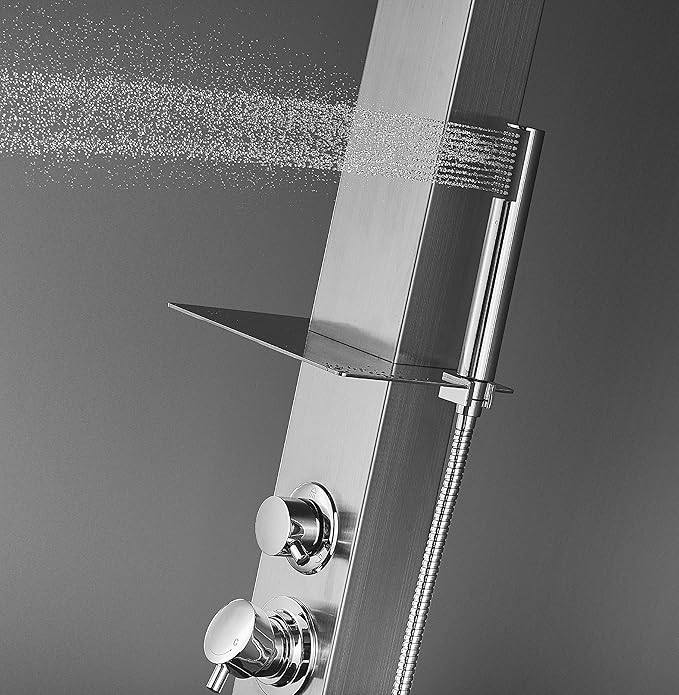 RENO 316 Marine Grade Brushed Stainless Steel Massage Outdoor Shower Panel Swimming Pool Backyard Bathroom Hot & Cold Rainfall Hand Held Wall Mounted or Free Standing Outside Shower
