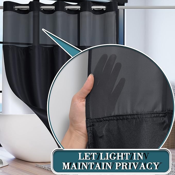 Conbo Mio No Hook Shower Curtain with Snap in Liner Set, Hotel Luxury Black Fabric Shower Curtains for Bathroom with See Through Top Window, Washable, Waterproof 71W x 74H