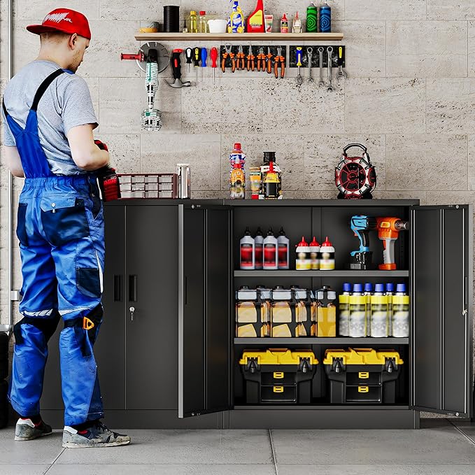 Metal Storage Cabinet, 36 Inch Tall Metal Storage Cabinet with Doors and Shelves, Pantry Cabinets for Kitchen Storage, Garage Cabinet for Living, Dining Room, Assemble Required.