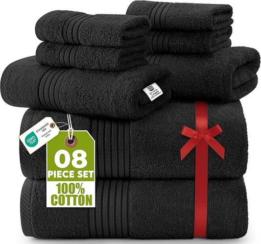 Utopia Towels 8 Piece Premium Towel Set, 2 Bath, 2 Hand, and 4 Washcloths, 100% Ring Spun Cotton, Highly Absorbent Towels for Bathroom, Sports, and Hotel, Black
