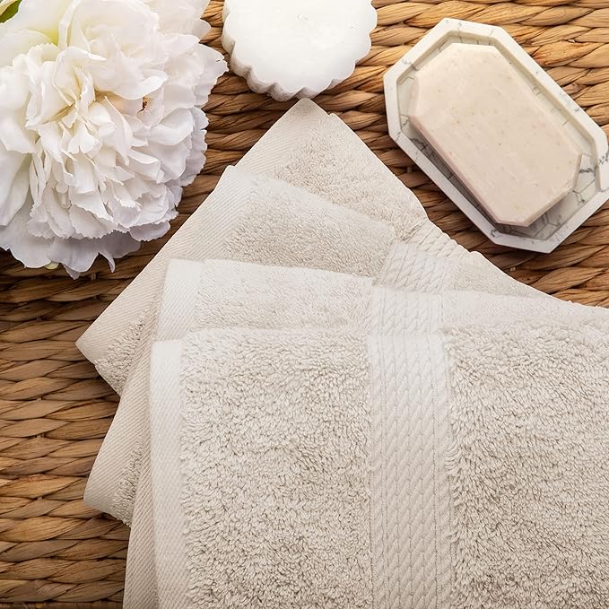 BLUENILEMILLS BNM Egyptian Cotton 4-Piece Towel Set, Includes 4 Hand Towels, Attached Loop for Easy Hanging and Storage, Hotel Quality, Perfect for Bathroom, Gym, Shower Space, or Spa, Stone