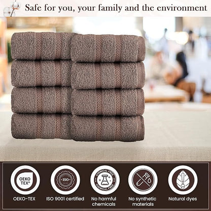 HALLEY Turkish 8 Pack Premium Washcloths (8 Pieces) 650 GSM Highly Absorbent Super Soft 100% Cotton - 8 Washcloths (Brown)