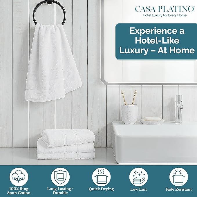 Casa Platino 4 Pack Hand Towels (16"x28") - Spa & Hotel Quality - 100% Cotton, Ring Spun - Quick Dry, Ultra Soft & Absorbent - Used for Salon, Gym, Bathroom, Face - Pre Shrunk - White Hand Towels Set