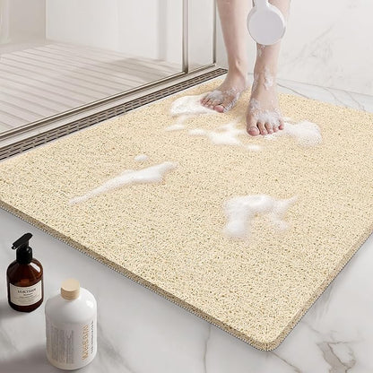 Beige Non Slip Square Shower Mat 24x24 Inch for Bathtub and Shower, Anti Slip Bath Mat for Textured Surfaces, Loofah Foot Scrubber, Safety Mat for Walk in and Stand Up Showers, Quick Drying