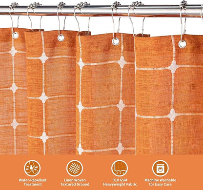 MitoVilla Orang Farmhouse Shower Curtain Set 72 x 78, Boho 78 inch Long Polyester Linen Tassel Fabric Shower Curtain Set for Chic Cottagecore French Rustic Bathroom Decor