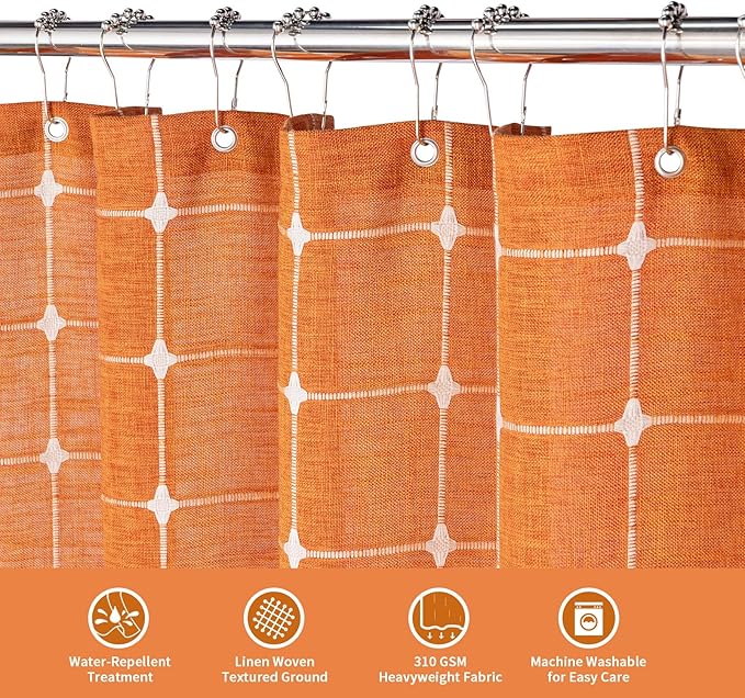 MitoVilla Orange Boho Extra Long Shower Curtain 72 x 84, Modern Farmhouse 84 inch XL Polyester Linen Texture Tassel Fabric Shower Curtain Set with Hooks for Cottagecore Country Bathroom Decor