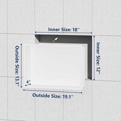 Neodrain 18X12Inch Shower Niche, White Stainless Steel Wall Niche NO Tile Needed Recessed Cabinet Shower for Bathroom Storage