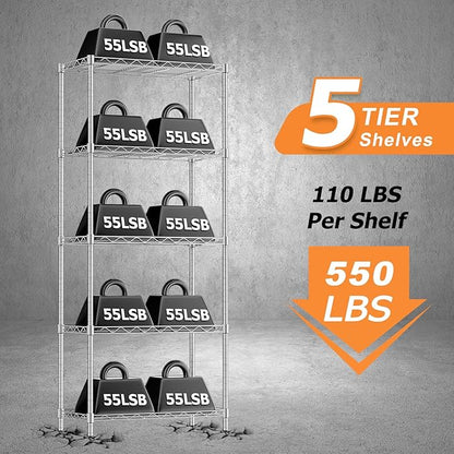 Storage Shelves,21.3"W*11.8"D*58.5"H Kitchen Wire Shelving Unit Loads 550LBS,5-tier Adjustable Metal Utility Shelf,Garage Shelves,Home Storage Rack for Kitchen,Laundry,Pantry and Closet,Chrome
