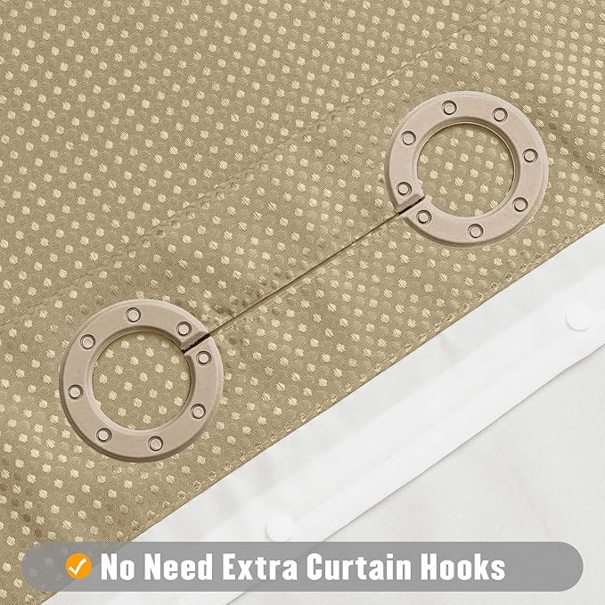 MitoVilla No Hooks Needed Extra Long Shower Curtain Liner Set, Beige 86 inch XL Heavyweight Waffle Fabric Cloth Shower Curtains Set with Snap-in Liner for Modern Luxury Hotel & Spa Bathroom Decor