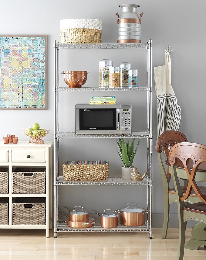 Whitmor 5 Tier Shelving Unit, Metal Storage Shelves, 400 lbs Capacity per Shelf, 2000 lbs Total, Adjustable Heavy Duty Shelf, Easy Assembly for Kitchen, Garage, Plant, 36"L x 14"W x 72"H, Chrome