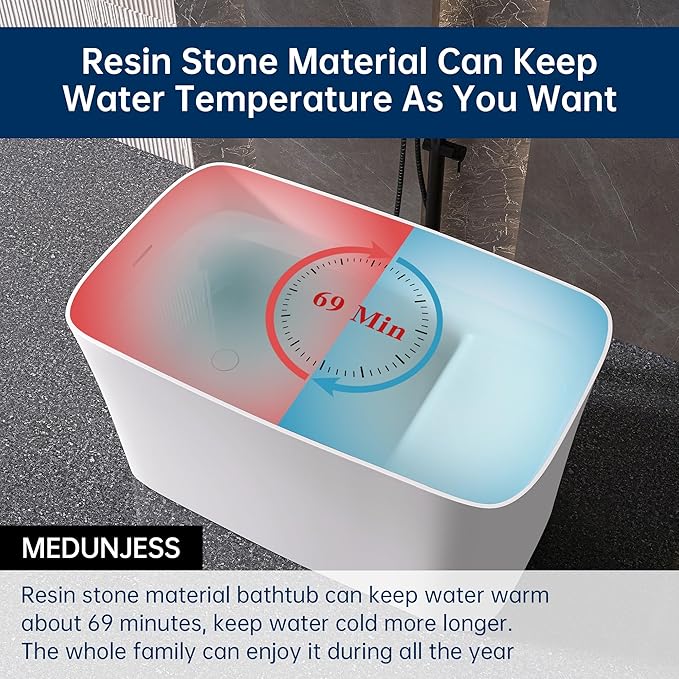 47" Stone Resin Freestanding Bathtub, Freestanding Bathtub with seat,Oval Solid Surface Japanese Soaking Bathtubs with Drain & Integrated Slotted Overflow Matte White MG003-1200