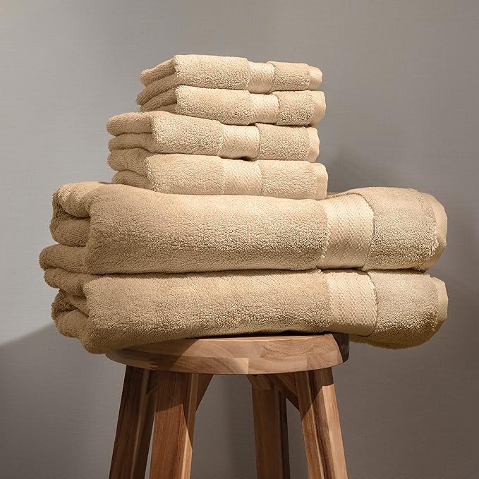 Fabdreams 100% Organic Cotton Bath Towel Set of 6 700 GSM Hotel Premium Plush Absorbent Soft Durable Skin-Friendly Spa Quality Bathroom Comfort with 2 Bath 2 Hand Towels and 2 Wash Cloths Dune Tan