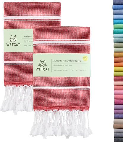 WETCAT Turkish Hand Towels with Hanging Loop, Set of 2 (20" x 30") 100% Turkish Cotton, Pre-Washed, Quick Drying, for Kitchen or Bathroom - Red