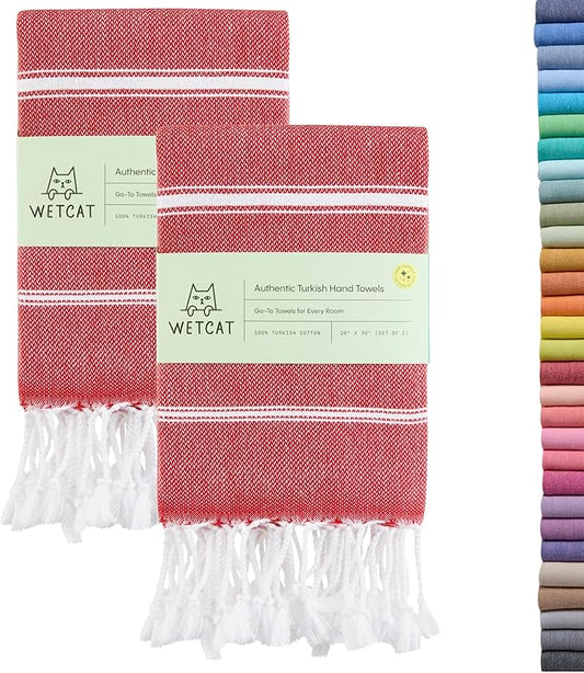 WETCAT Turkish Hand Towels with Hanging Loop, Set of 2 (20" x 30") 100% Turkish Cotton, Pre-Washed, Quick Drying, for Kitchen or Bathroom - Red