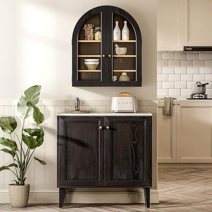 Large Arched Bathroom Wall Cabinet Modern Wooden Display Cabinet with Acrylic Doors Farmhouse Wall Mounted Cupboard Storage Organizer for Laundry Room, Dining Room, Black