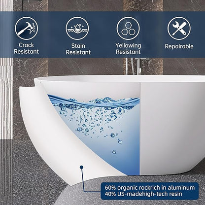 51" Stone Resin Freestanding Bathtub, Modern Oval Solid Surface Soaking Tub, Solid Surface Stand Alone Bathtub with Drain & Integrated Slotted Overflow Matte White AM303-1300