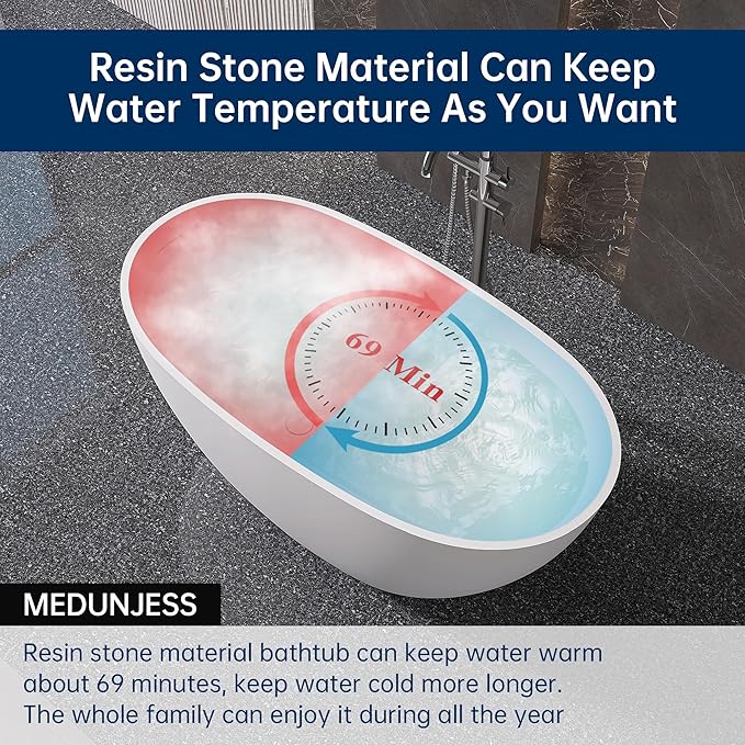 51" Stone Resin Freestanding Bathtub, Modern Oval Solid Surface Soaking Tub, Solid Surface Stand Alone Bathtub with Drain & Integrated Slotted Overflow Matte White AM303-1300