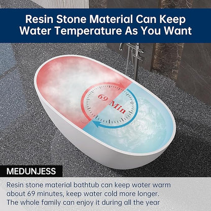 51" Stone Resin Freestanding Bathtub, Modern Oval Solid Surface Soaking Tub, Solid Surface Stand Alone Bathtub with Drain & Integrated Slotted Overflow Matte White AM303-1300