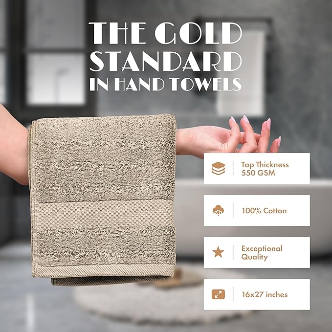 White Classic Taupe Hand Towels for Bathroom [6 Pack] Cotton Hand Towel Bulk for Gym, Kitchen and Spa, 16x27 Inches Soft Highly Absorbent Quick Dry Terry Salon Towels